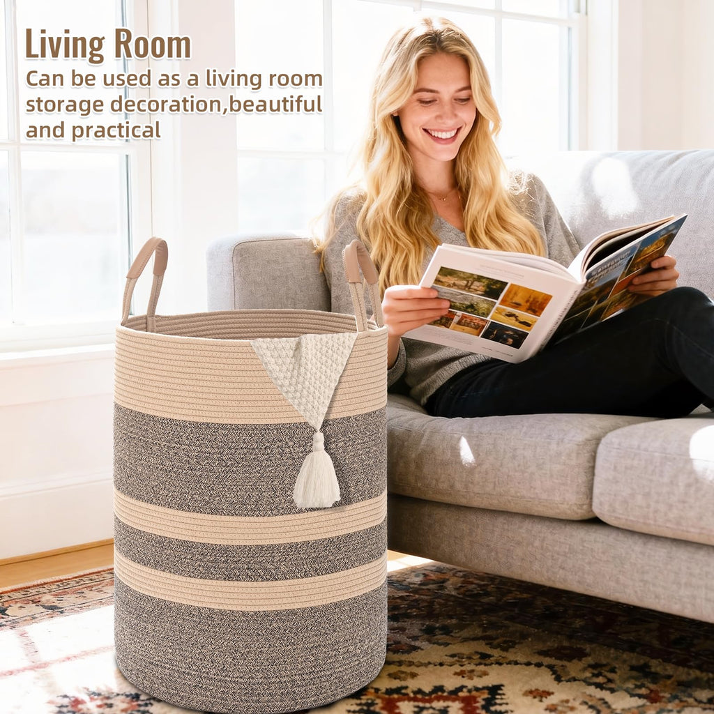 Large Laundry Basket, Laundry Hamper with Leather Handles, 75L Woven Dirty Clothes Hamper, Rope Hampers , Barthroom
