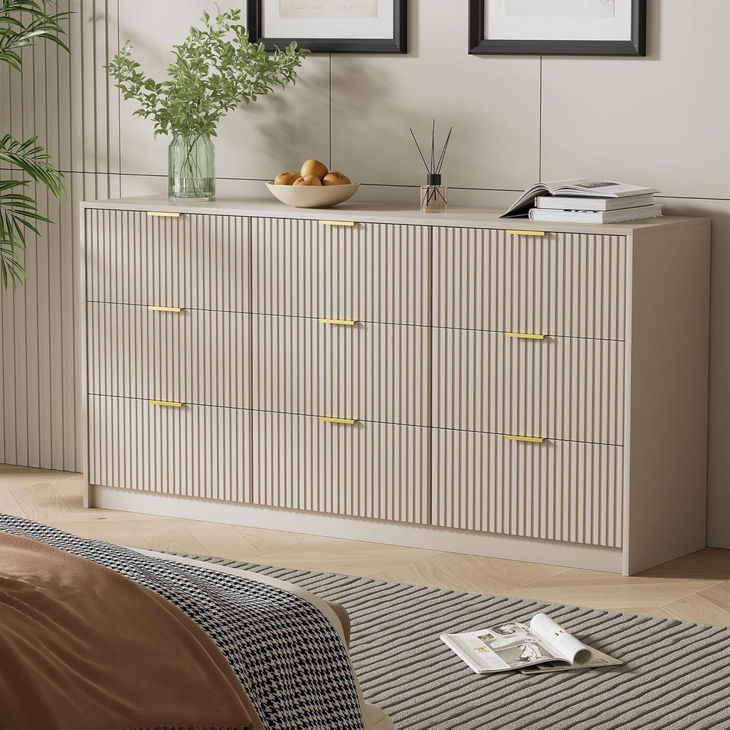 Beige 9 Drawer Dresser, 63" Wide Fluted Wood Dresser