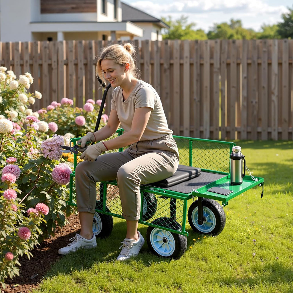 500 LBS Steel Garden Cart with Work Seat, Heavy Duty Garden Wagon Cart on Wheels, Outdoor Metal Utility Yard Wagon