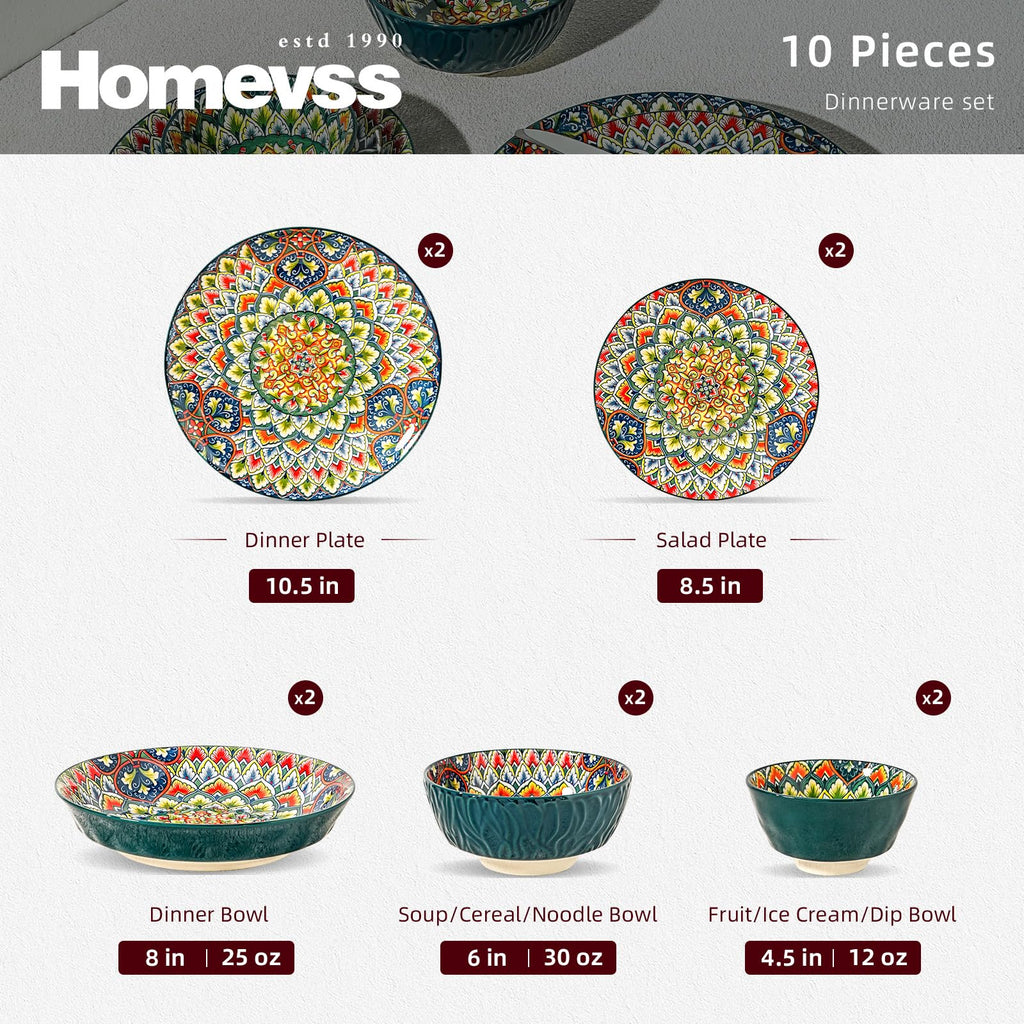 Boho 10 Pieces Dinnerware Sets, Plates and Bowls Set, Porcelain Dishes Set for 2, Microwave and Dishwasher Safe
