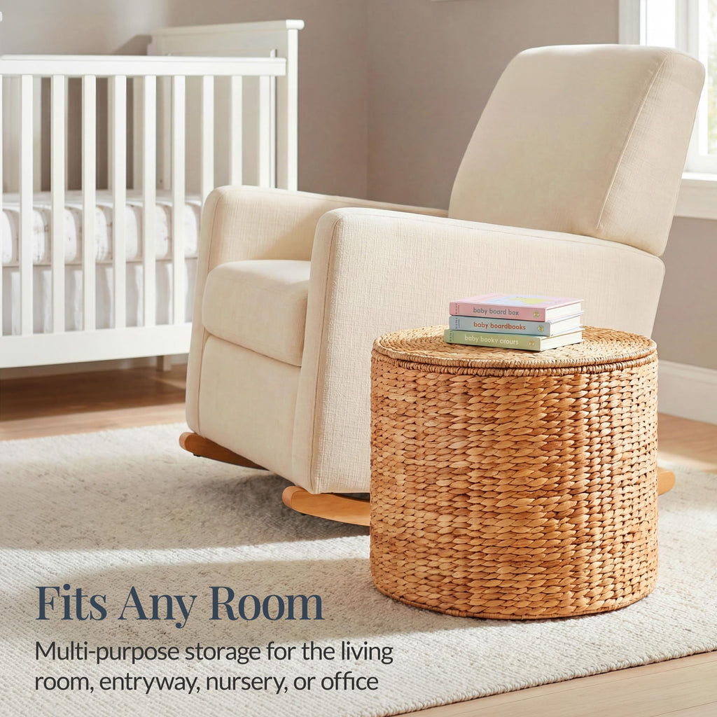 Large Round Storage Ottoman W/Lid, Handwoven Water Hyacinth Footstool, Accent Stool, Side Table, Storage Container