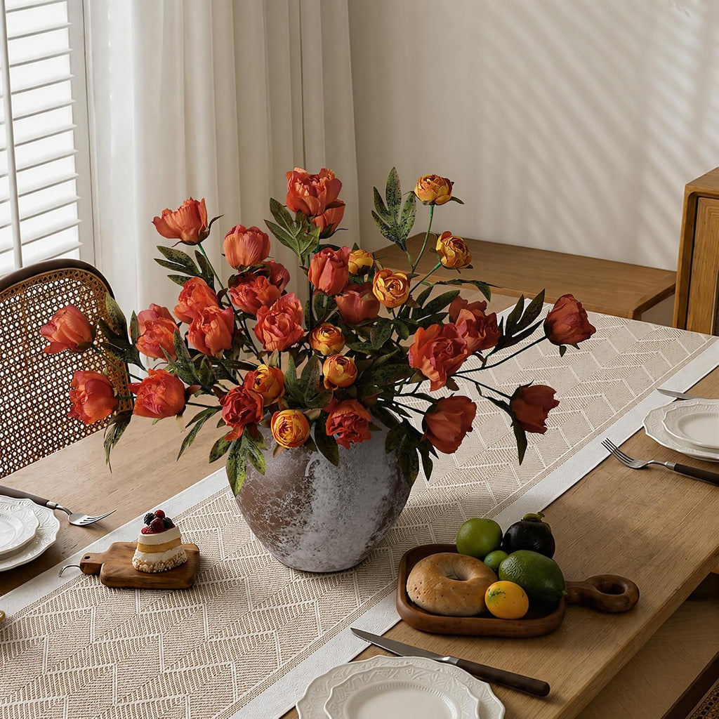 Artificial Peony Flowers, Faux Silk Peonies Stems with Distressed Leaves, Fade Resistant Floral Branches - Set of 8