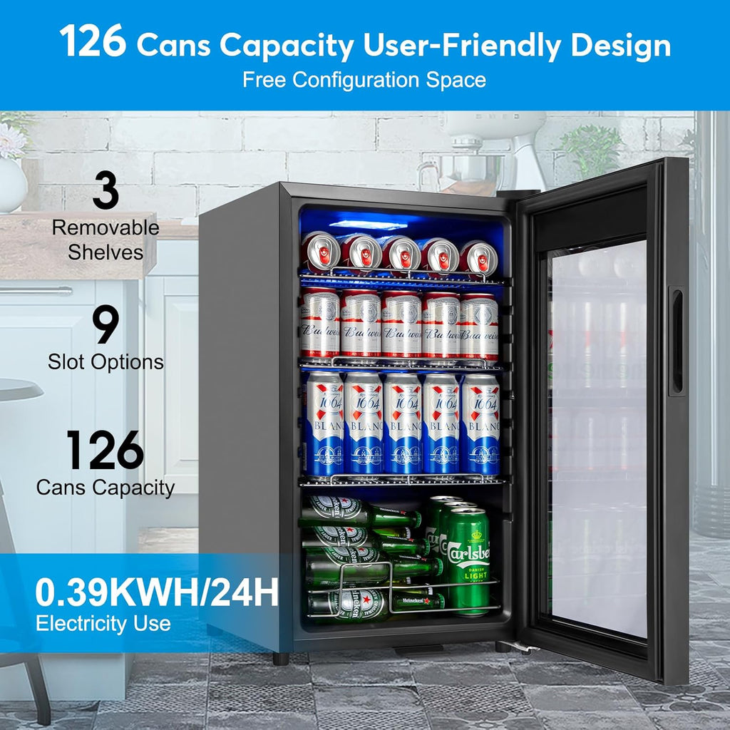 Beverage Refrigerator 17 inch Wide - 126 Can Beverage Cooler with Glass Door | C