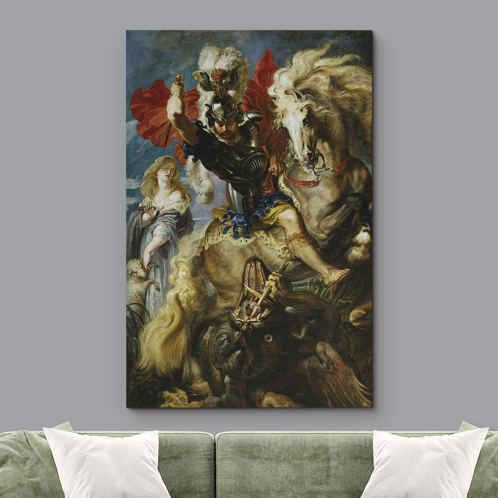 Oil Painting of St George Fighting The Dragon by Peter Paul Rubens in 1606-10 - Baroque Style - Saint, Catholic