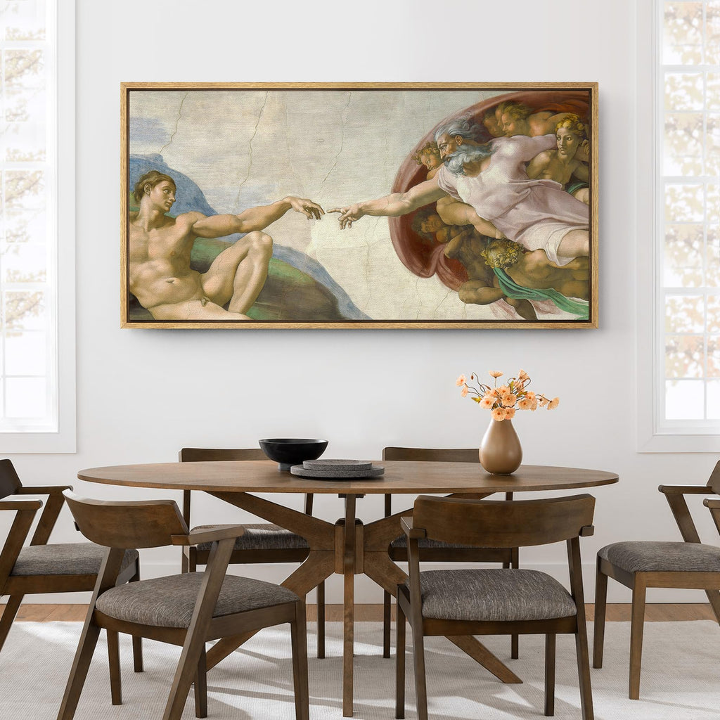 Extra Large Framed Canvas Print Wall Art The Creation of Adam by Michelangelo Illustrations Modern Art Calm Warm