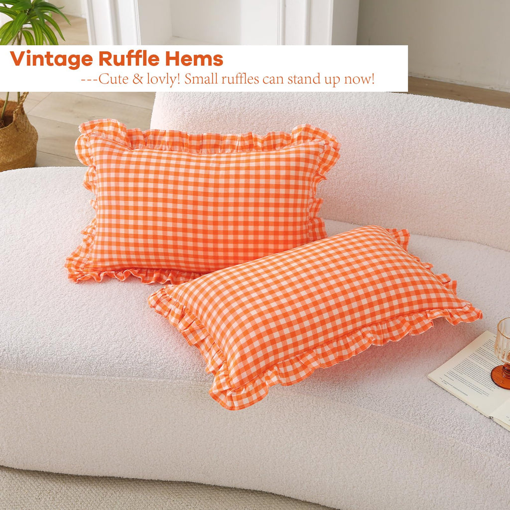 2 Pack Orange Gingham Lumbar Throw Pillow Shams 12''x20''