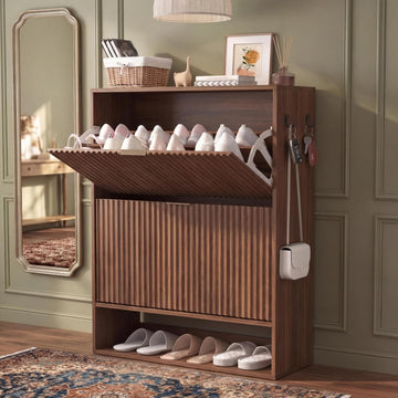 Shoe Cabinet , Narrow Freestanding Shoe Cabinet Storage with 2 Flip Drawers, Open Bottom Shelf & Side Hooks, Slim