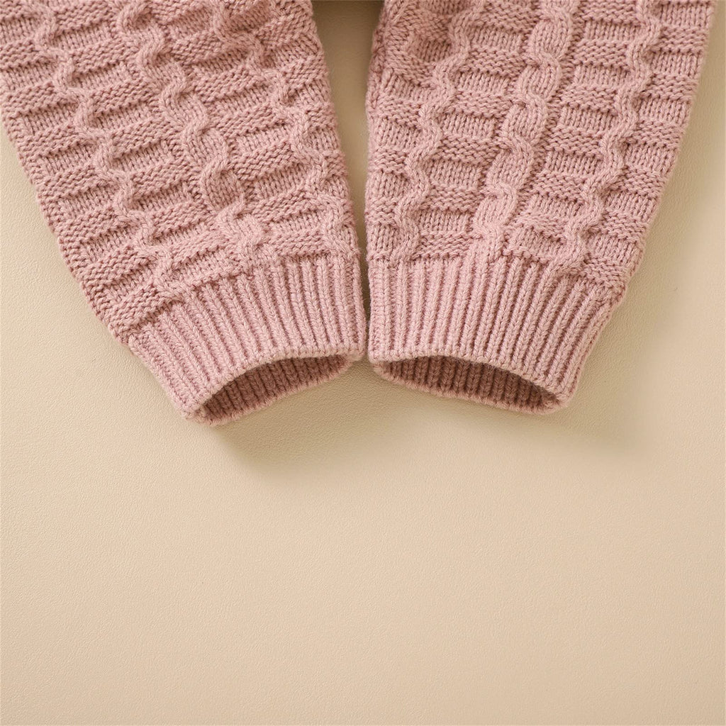 Baby Cable Knit Romper Set Front‐Button Jumpsuit with Pom‐Pom Beanie