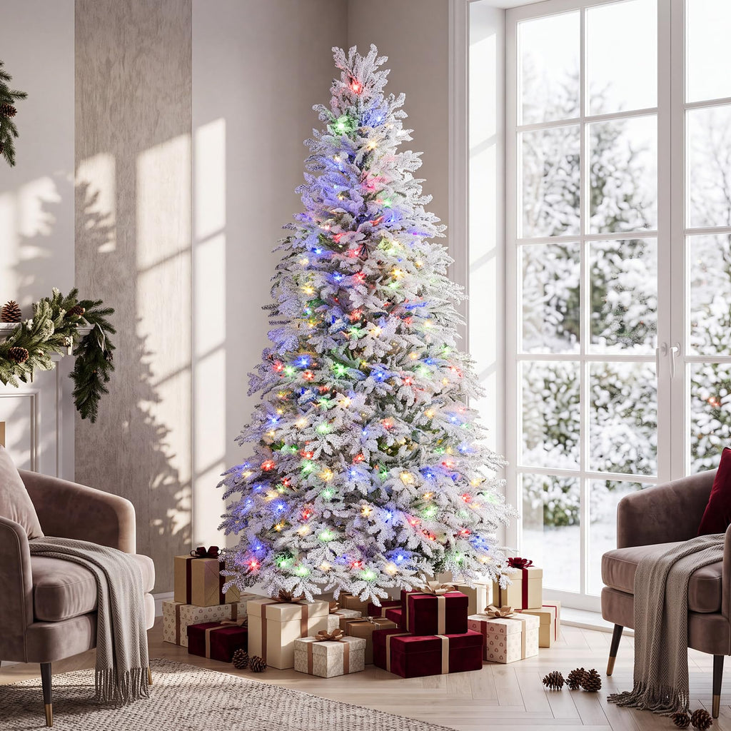 6 FT Artificial Christmas Tree, Hinged, Pre-Lit & Snow-Flocked