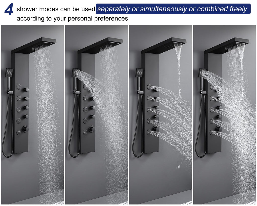 4-in-1 Rainfall Waterfall Shower Panel Tower System, Matte Black