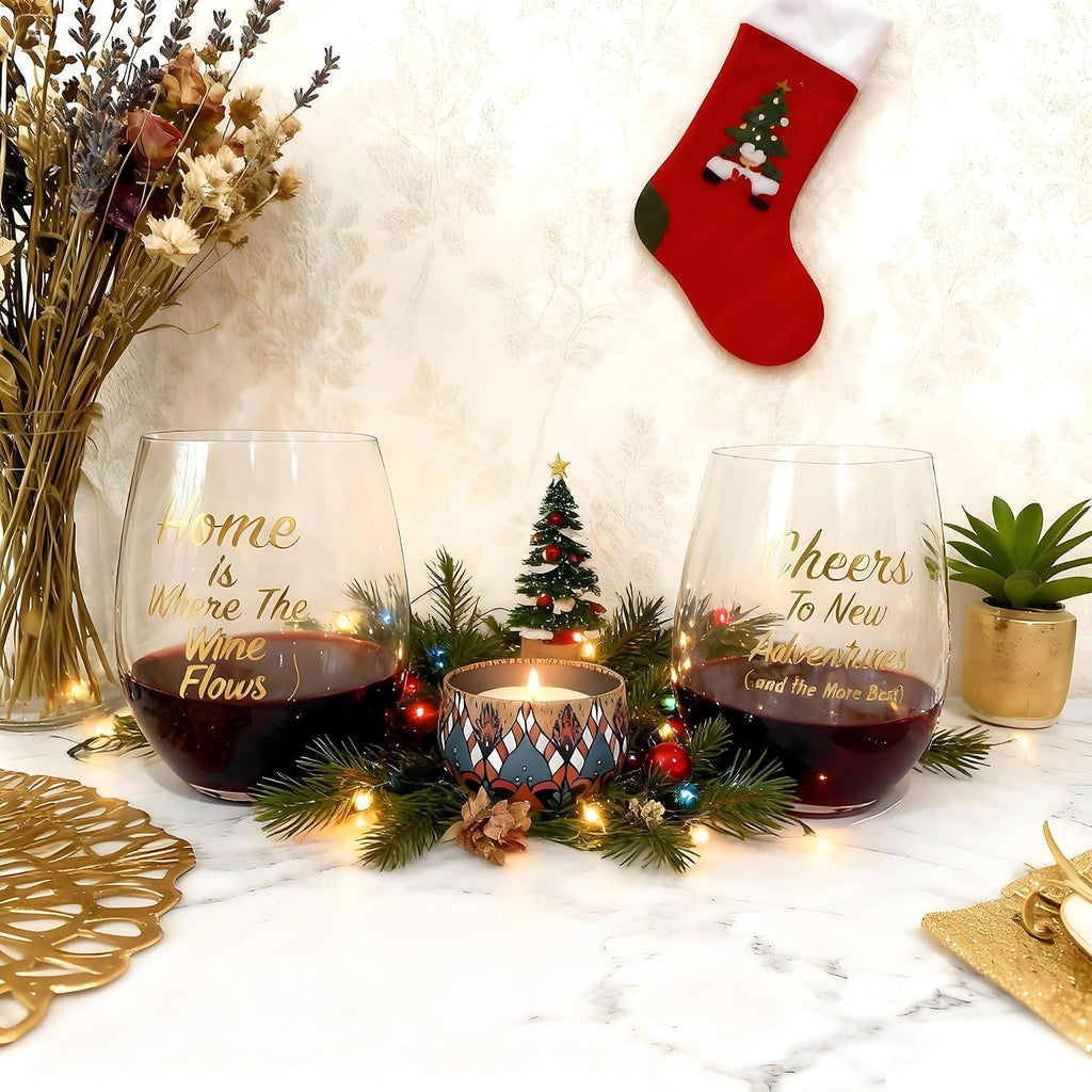 Housewarming Wine Glasses with Candle Set Stemless Wine Glass Set as Homeowners, New House,First Home - Set of 2