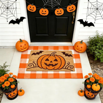 Halloween Pumpkin Layered Doormat, Coco Coir Door Mat Orange White Buffalo Plaid Rug, 2 Pcs Outdoor Mat Set for Front