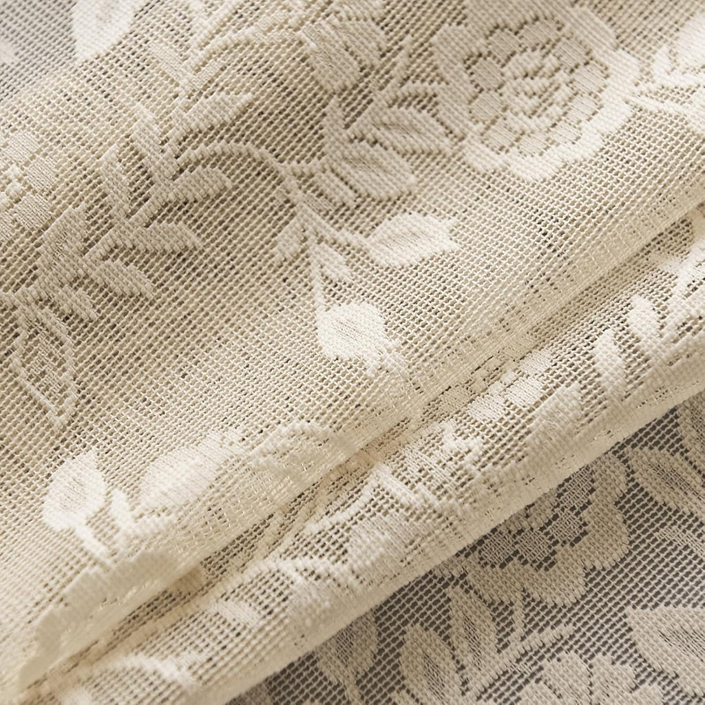 Beige Lace Curtains 36 Inch Length 2 Panels Rusitc Leaf Floral Short Sheer Curtains for Kitchen Window Over Sink, Rod