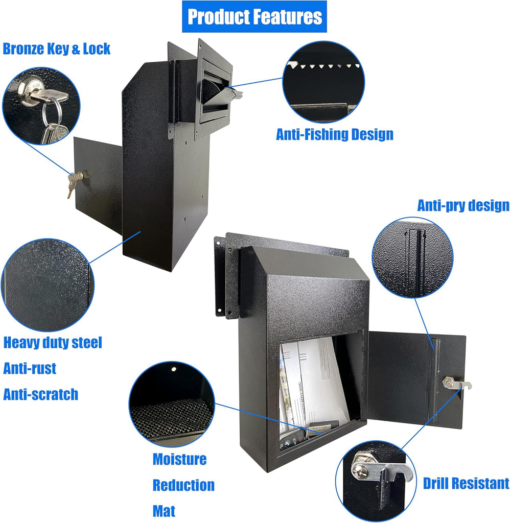 Door Drop Box, Mail Slots for Mail, Rent, Deposit, and Night Key - Black