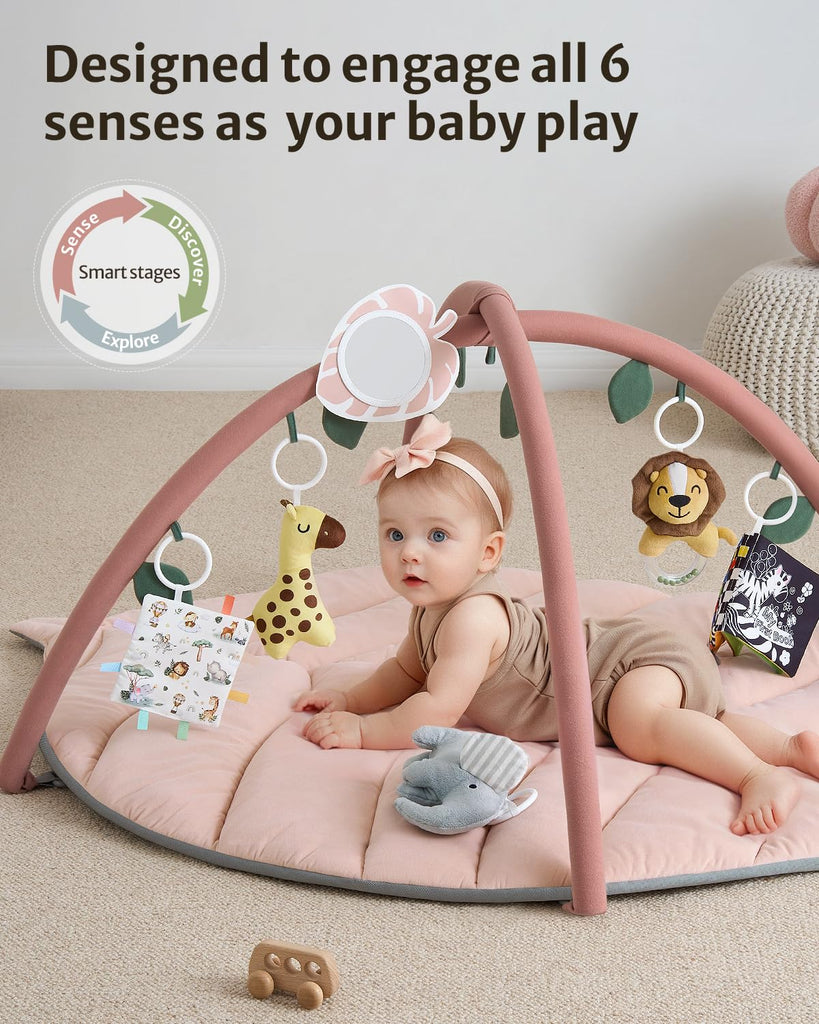 Play Gym & Activity Mat, Oversize Leaf Shaped Tummy Time Baby Play Mat w 6 Detachable Toys Promotes Motor Skills &