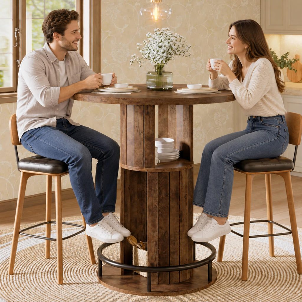 Round Bar Table, 39.4"H Bar Height Bistro Pub Table With 2-Tier Storage