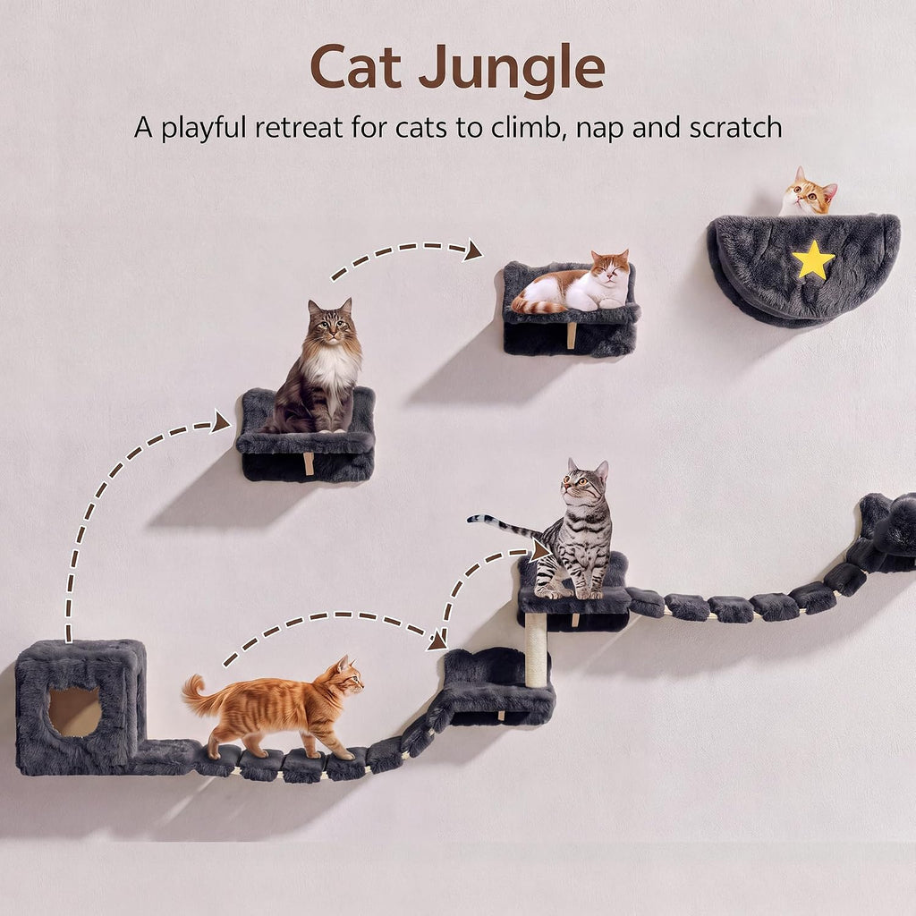Cat Wall Furniture, 13 in 1 Moon & Bridge Cat Wall Shelves, Grey