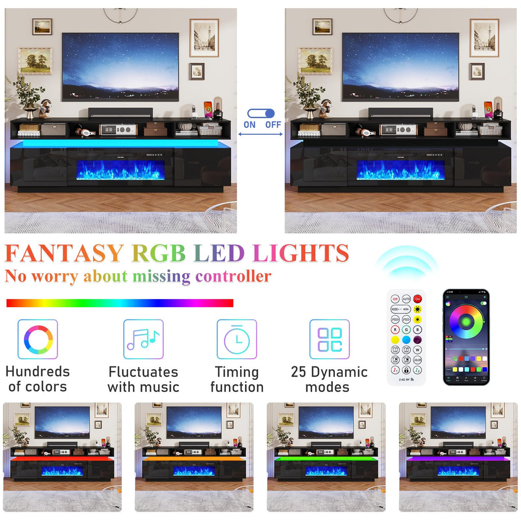 Fireplace TV Stand for 95" TV, 83" LED Entertainment Center with 40" Fireplace & Power Outlets, High Gloss TV Stand