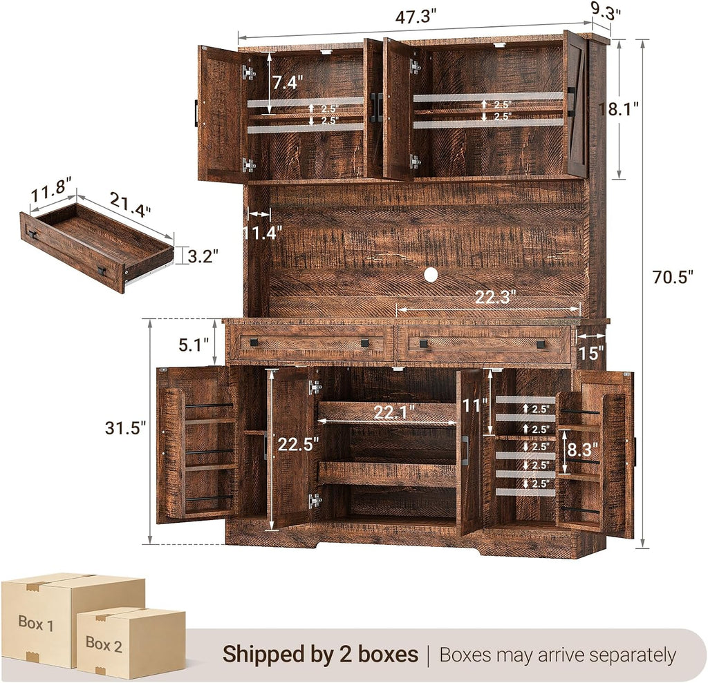 71'' Pantry Cabinet, Kitchen Hutch with Storage, LED & Power, Brown | 2 AC Outlets, 2 USB Ports, 6 Door Shelves, 2