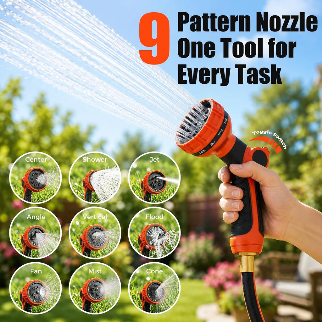 100FT Retractable Garden Hose Reel 5/8 Inch Heavy Duty Wall Mounted Retractable Hose Reel with 9-Pattern Nozzle, 180°