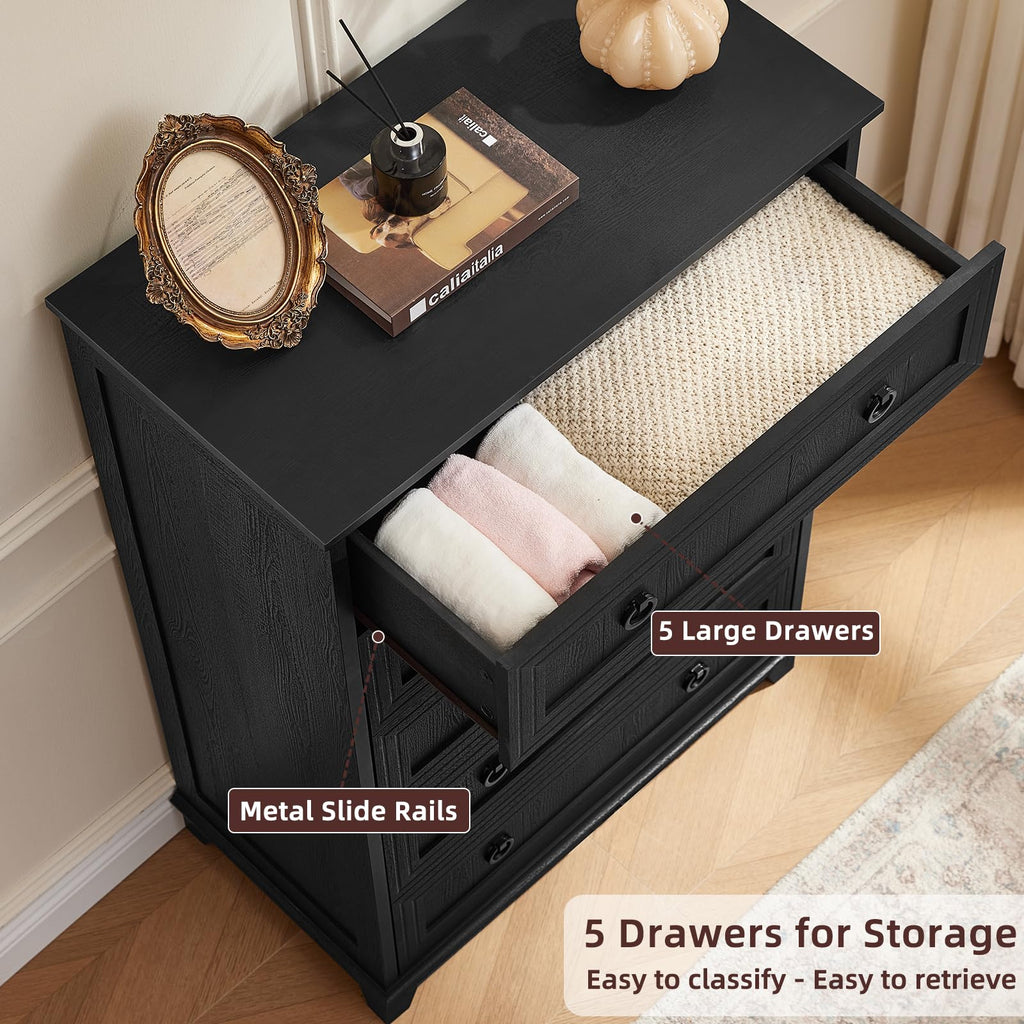 Farmhouse 5 Drawer Set of 2, 42" Tall Small Dressers & Chest of Drawers, Rustic Wood with Metal Handle, Storage