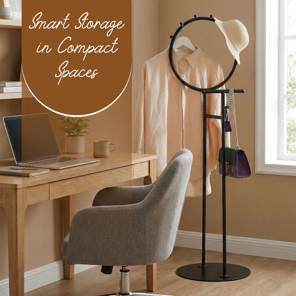 Cheska Suit Valet Stand with Circular Frame - Tie Jacket Clothes Hooks, Freestanding Clothing Organizer, Black
