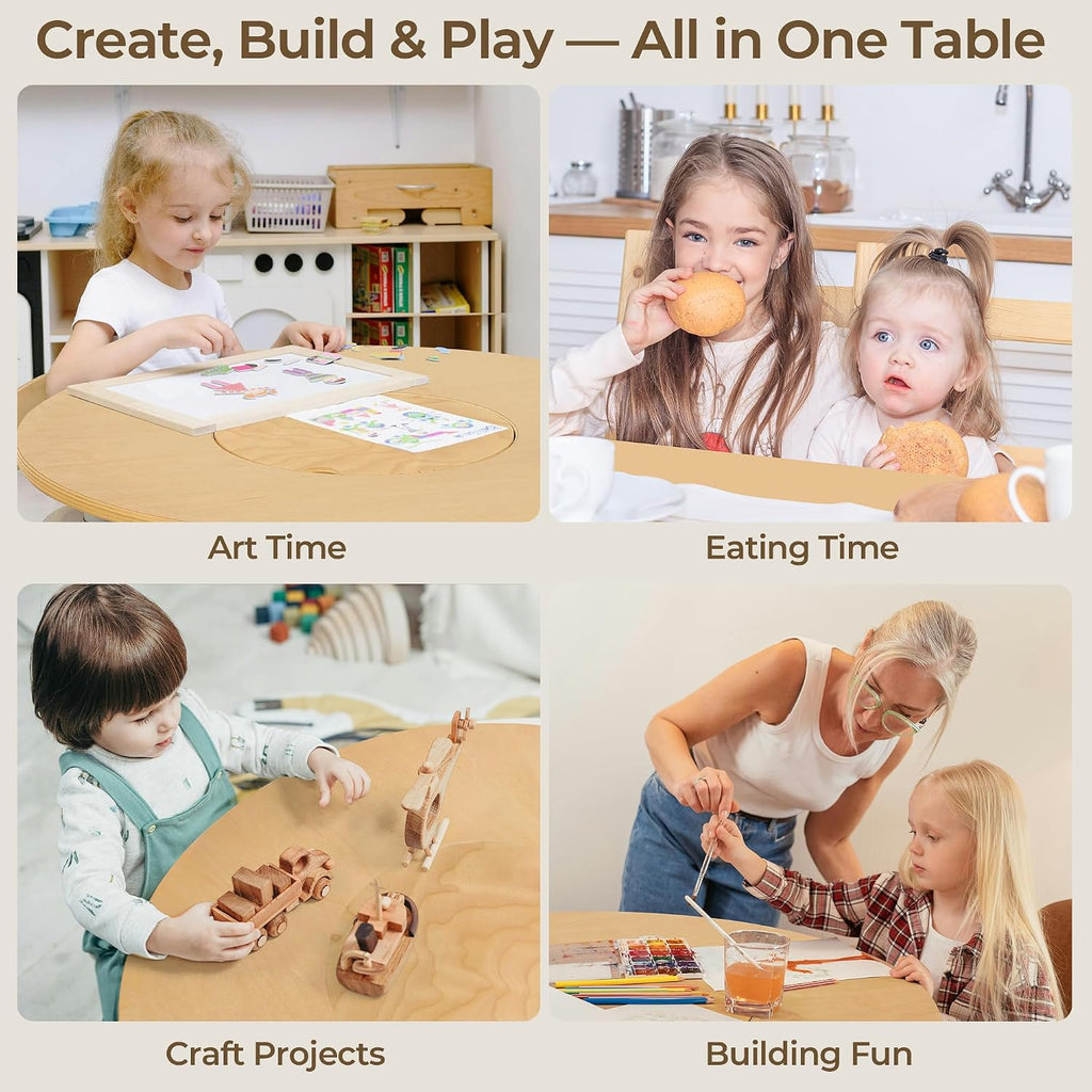 Kid Round Table and 4 Chairs Set with Storage Tub, Wooden Toddler Table Chair for Arts, Crafts, Eating, Learning, Kid