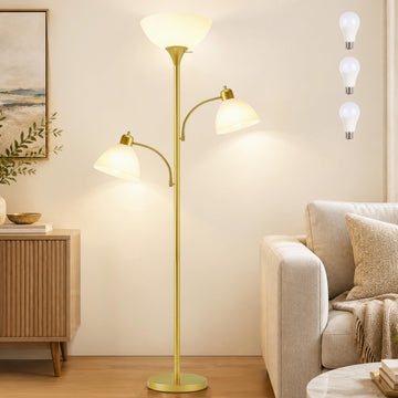 3-Head Torchiere Floor Lamps with 2 Reading Lamp -Gold