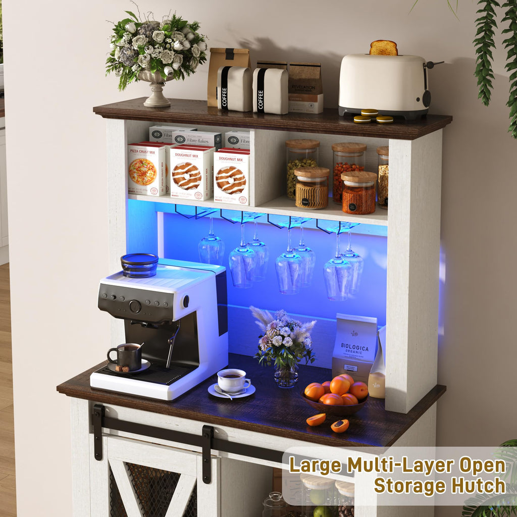 31.5"Wide Farmhouse Coffee Bar Cabinet with LED Light, Wine Bar Cabinet w/2 Storage Hutch, Kitchen Buffet Cabinet
