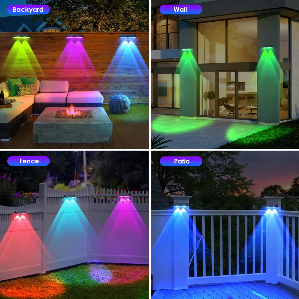 Solar Fence Lights Outdoor - Warm White & RGB 6 Color, Dusk to Dawn Solar Deck Light, Solar Lights Outdoor IP65