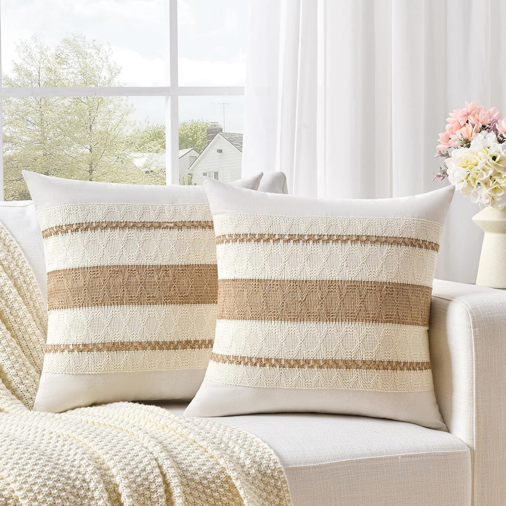 Set of 2 Boho Neutral Decorative Throw Pillow Cover 18x18 Inch, Aesthetic Modern Organic Farmhouse Home Decor, Soft