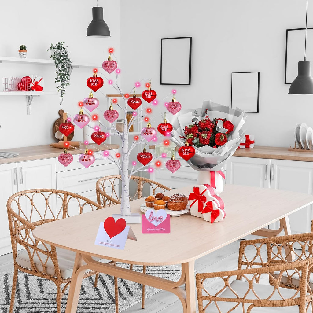 Birch Trees with Heart Ornaments 24'' Artificial Heart Table Tree Valentines Day Decorations with Cards Tree - Set of 2