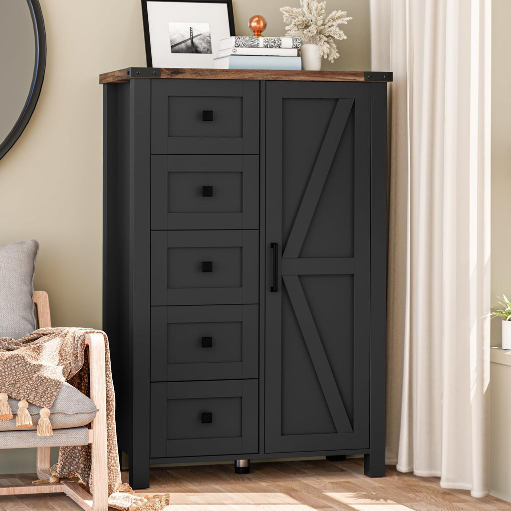 Farmhouse White Dresser with 4 Drawers and 2 Barn Doors, Black Wood Chest of Drawers 47 Inch Wide, Large, Long