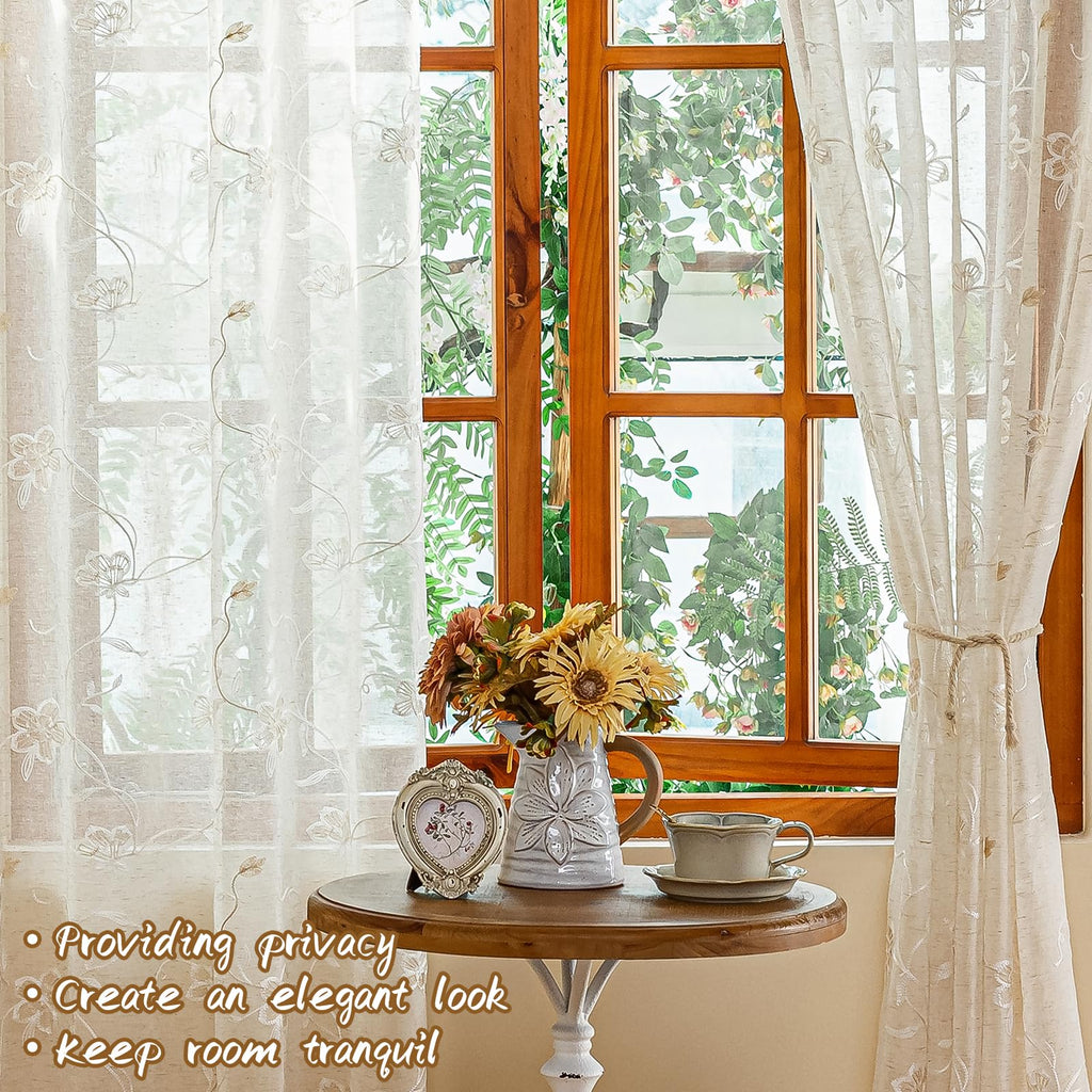2 Panels Linen Floral Leaf Embroidered Semi Sheer Curtain Farmhouse Voile Curtains Bedroom Window Treatment Beige 52