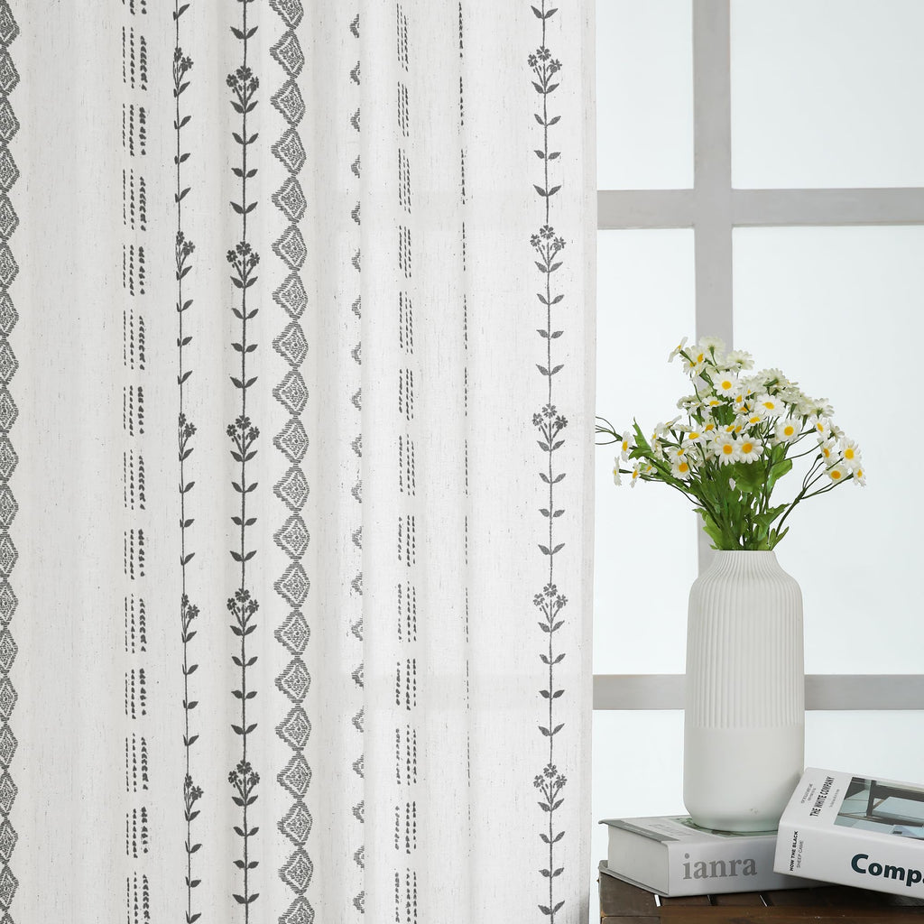 Black and White Boho Sheer Curtains Living Room, Modern Farmhouse Light Filtering Linen Aztec Floral Design Pattern