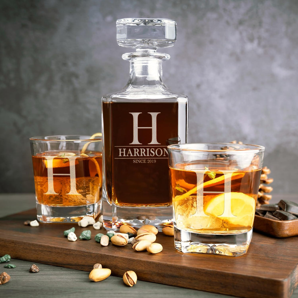 Personalized Whiskey Decanter Set - 9 Design Options - Limited Edition, Custom Liquor Decanter | 25 Oz, 750ml - Set of 4