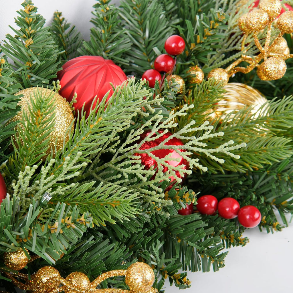 9FT Artificial Christmas Prelit Garland with 50 White Light, Pulg , Pine Cones, Gold and Red Ball, Red Berris