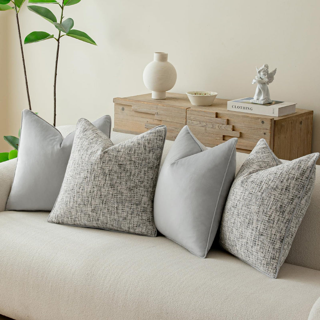 Grey 4 Pack Throw Pillow Covers - Chenille & Velvet Set with Piping, Farmhouse Textured Design Pillow Cases for Couch
