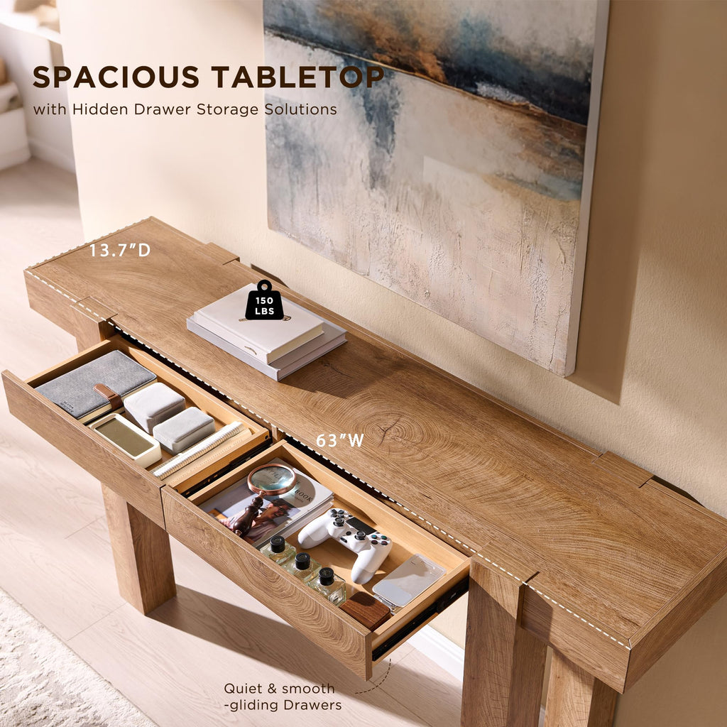 63" Modern Farmhouse Entryway Table with 2 Drawers, Light Knotty