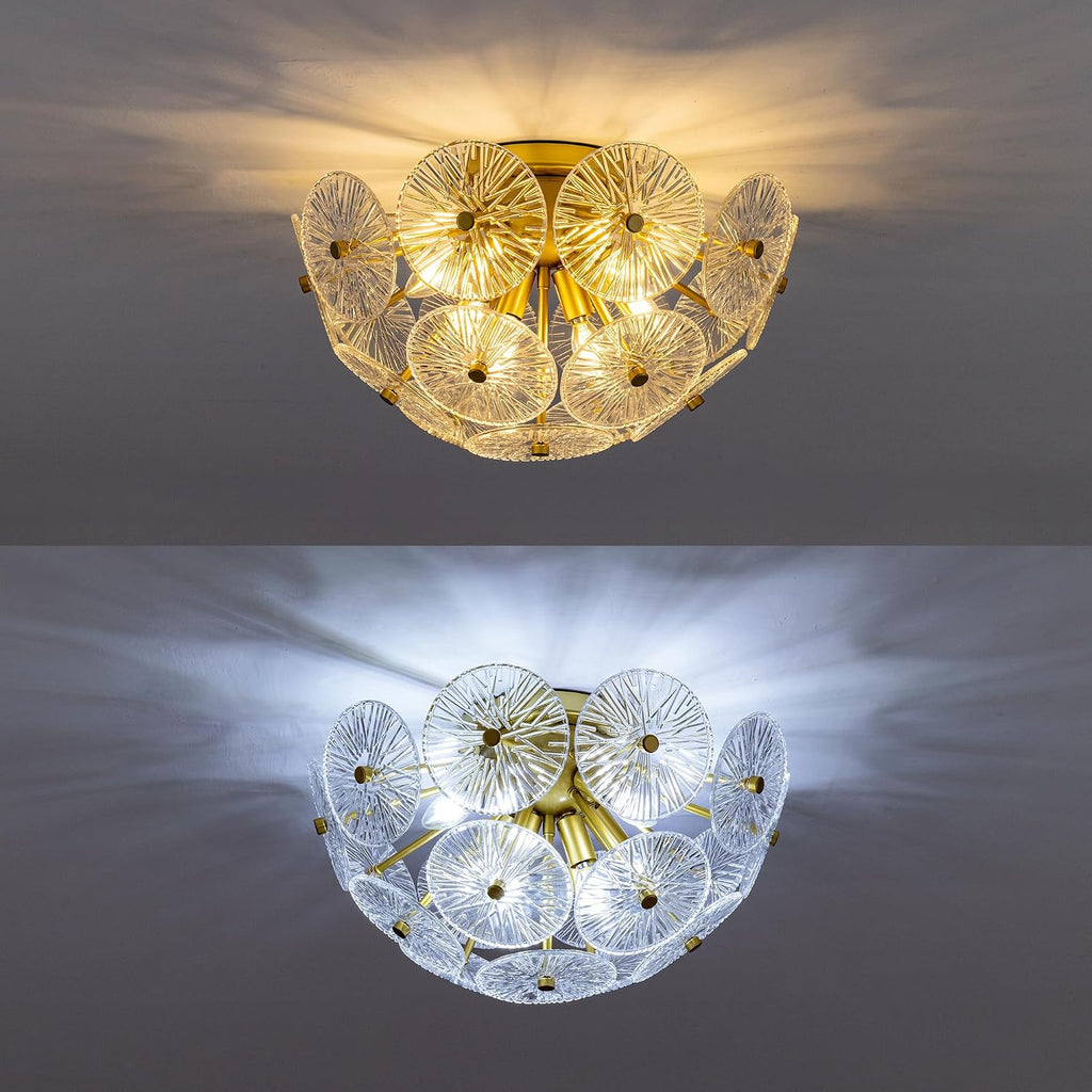 6 Lights Flush Mount Ceiling Light Fixture, 21.85" D Modern Glass Chandelier, Gold Glass Flush Mount Chandelier