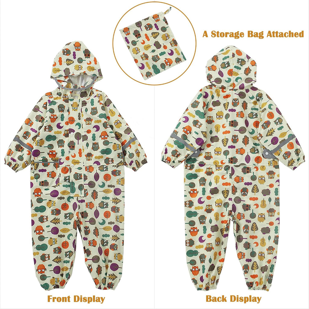 Kids Toddler Rain Suit for Boys Girls One Piece Hoodie Zipper Cartoon Waterproof Coverall Rain Jacket