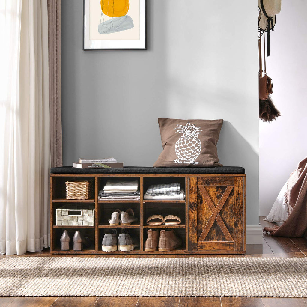 Shoe Bench, Padded Storage Bench with Barn Door