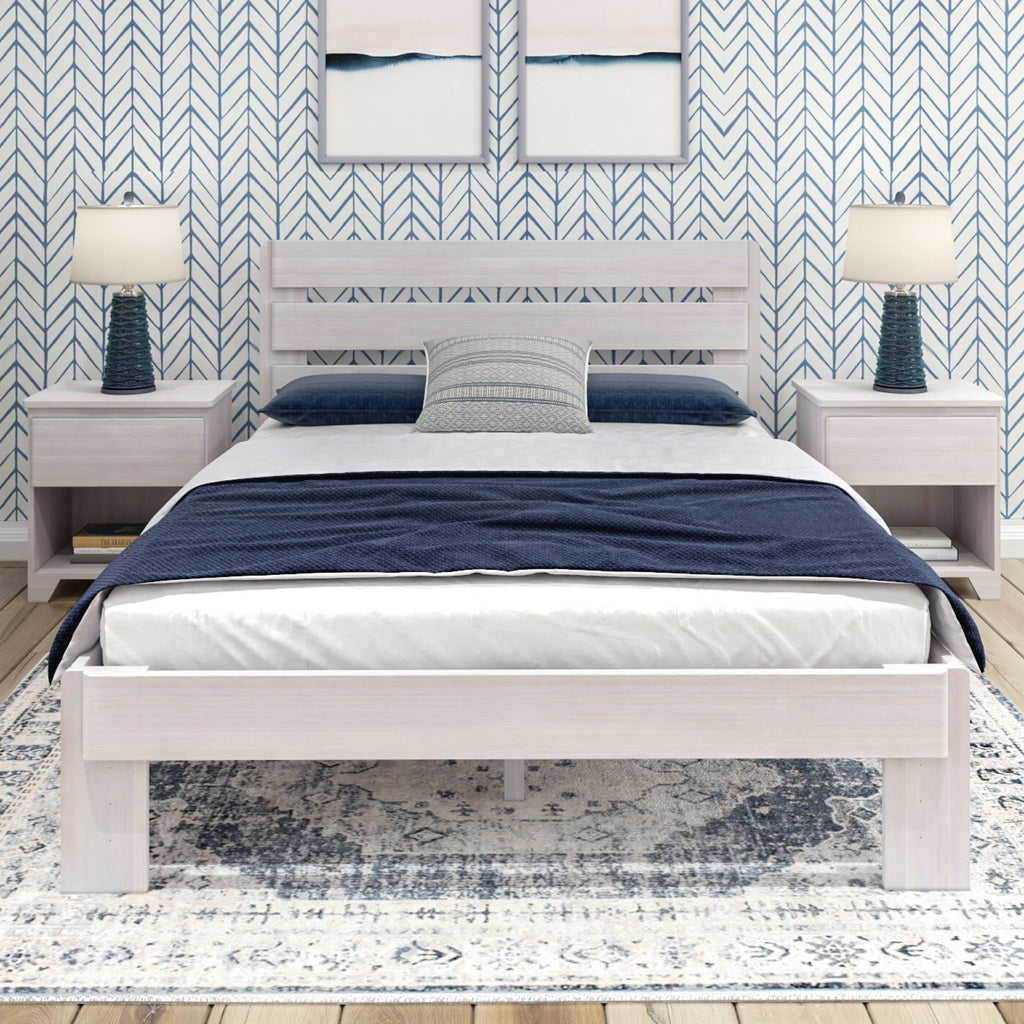 Modern Farmhouse Single Bed (Queen), Plank Headboard, White Wash