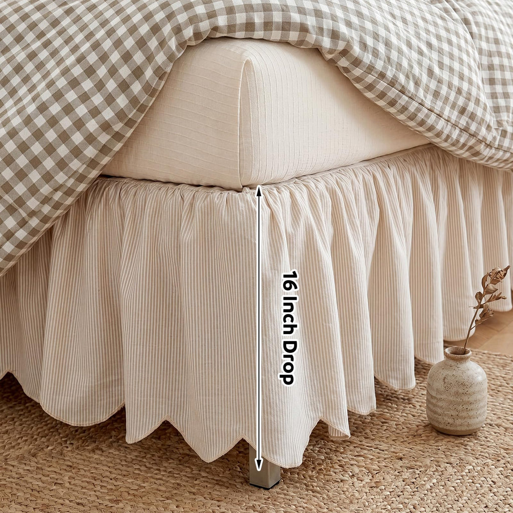 Striped Bed Skirt, 16" Drop, Scallop Dust Ruffle, Cream Ivory