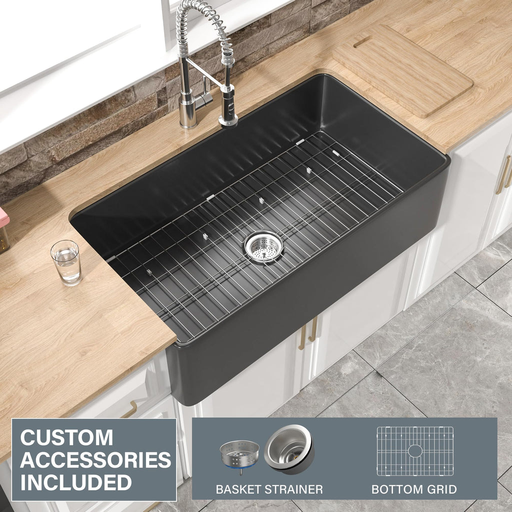 36" x 20" Fireclay Apron Front Farmhouse Sink Black