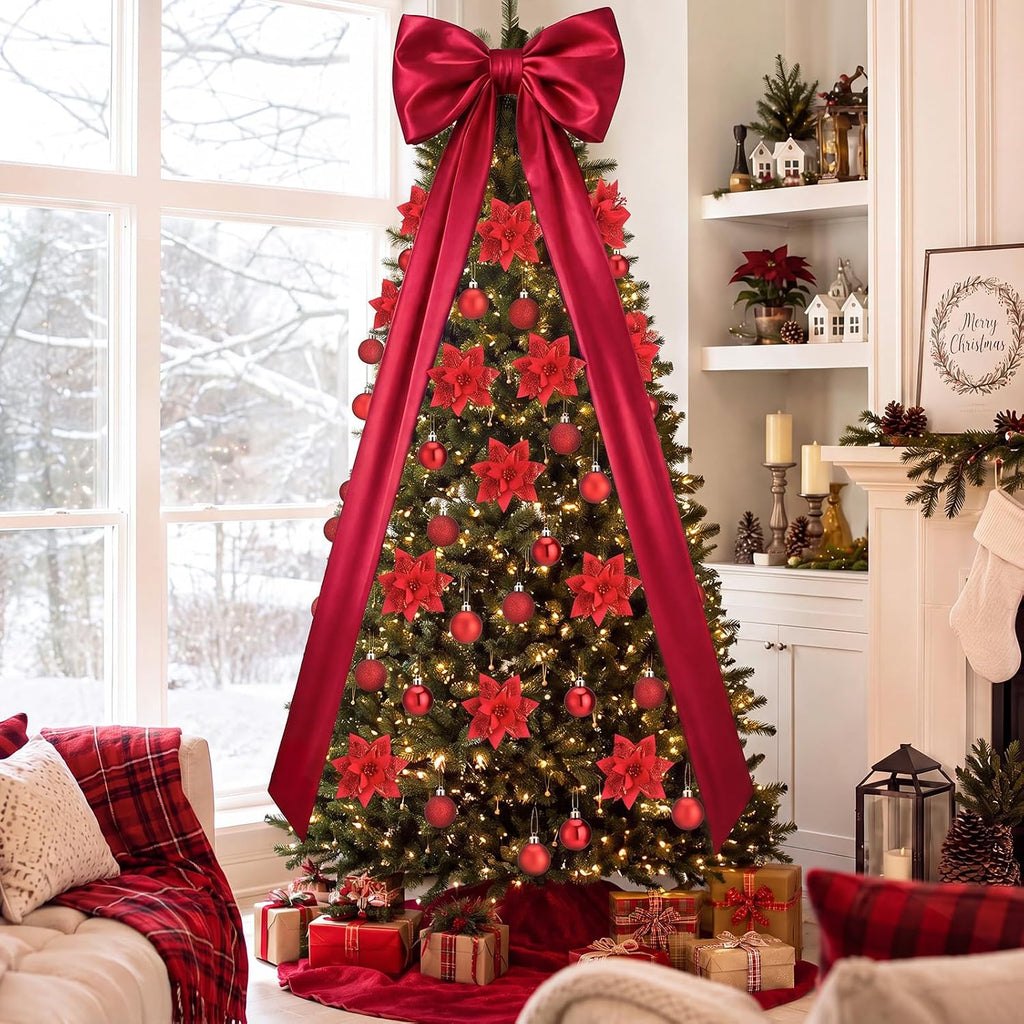 Christmas Tree Decoration Set with Burgundy Tree Topper Bow - Set of 52