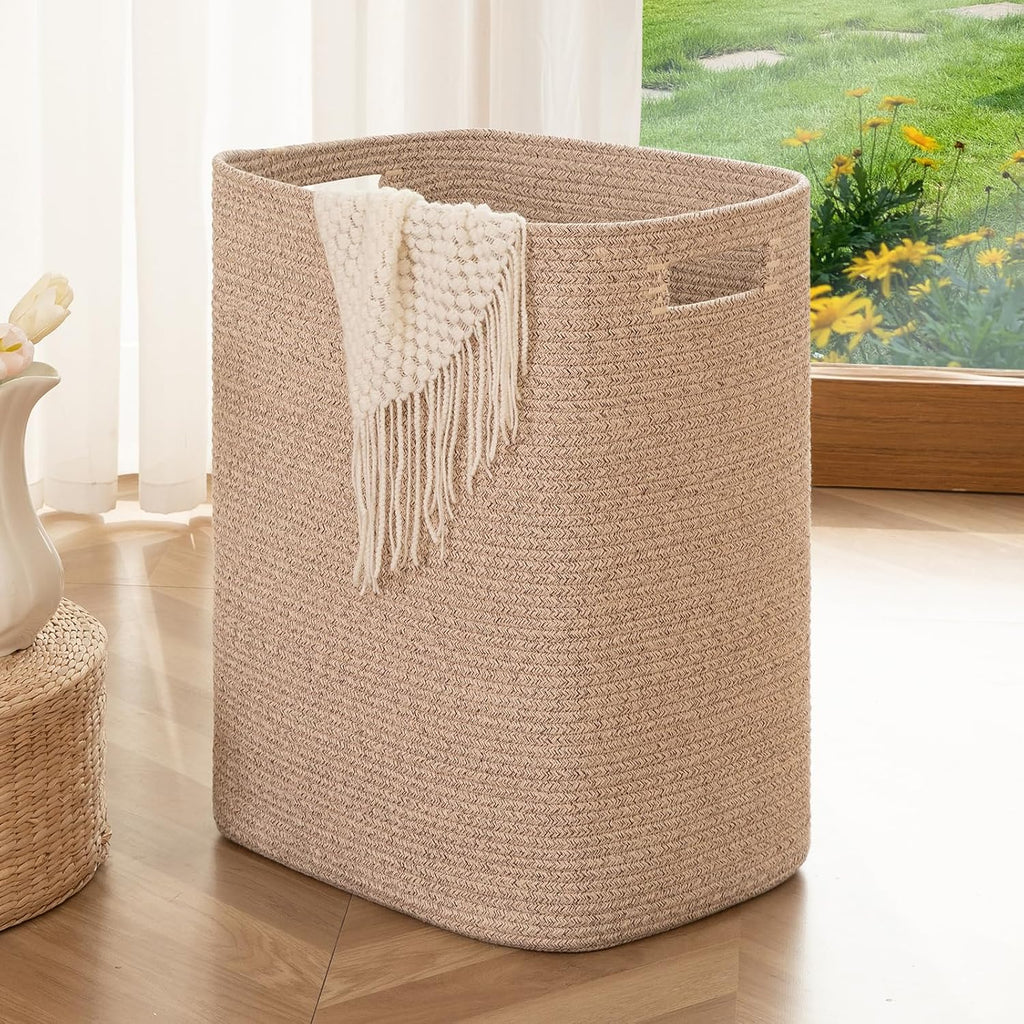 Laundry Hamper, Rectangle Cotton Laundry Basket with Handles, Large Blanket Basket , Woven Decorative Storage for