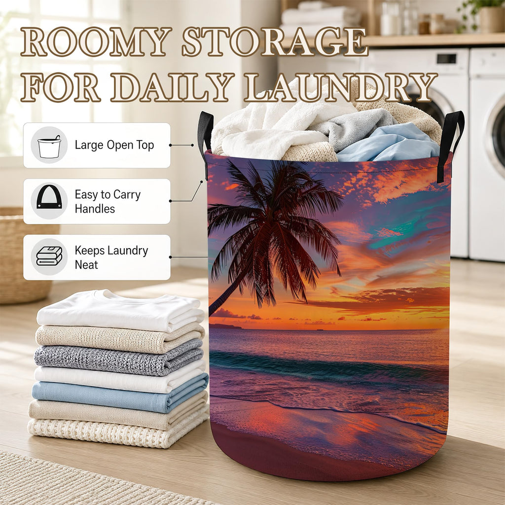 Hamper, Tropical Beach Collapsible Sunset Palm Laundry Baskets Waterproof Oxford Cloth With Handles, Clothes Storage