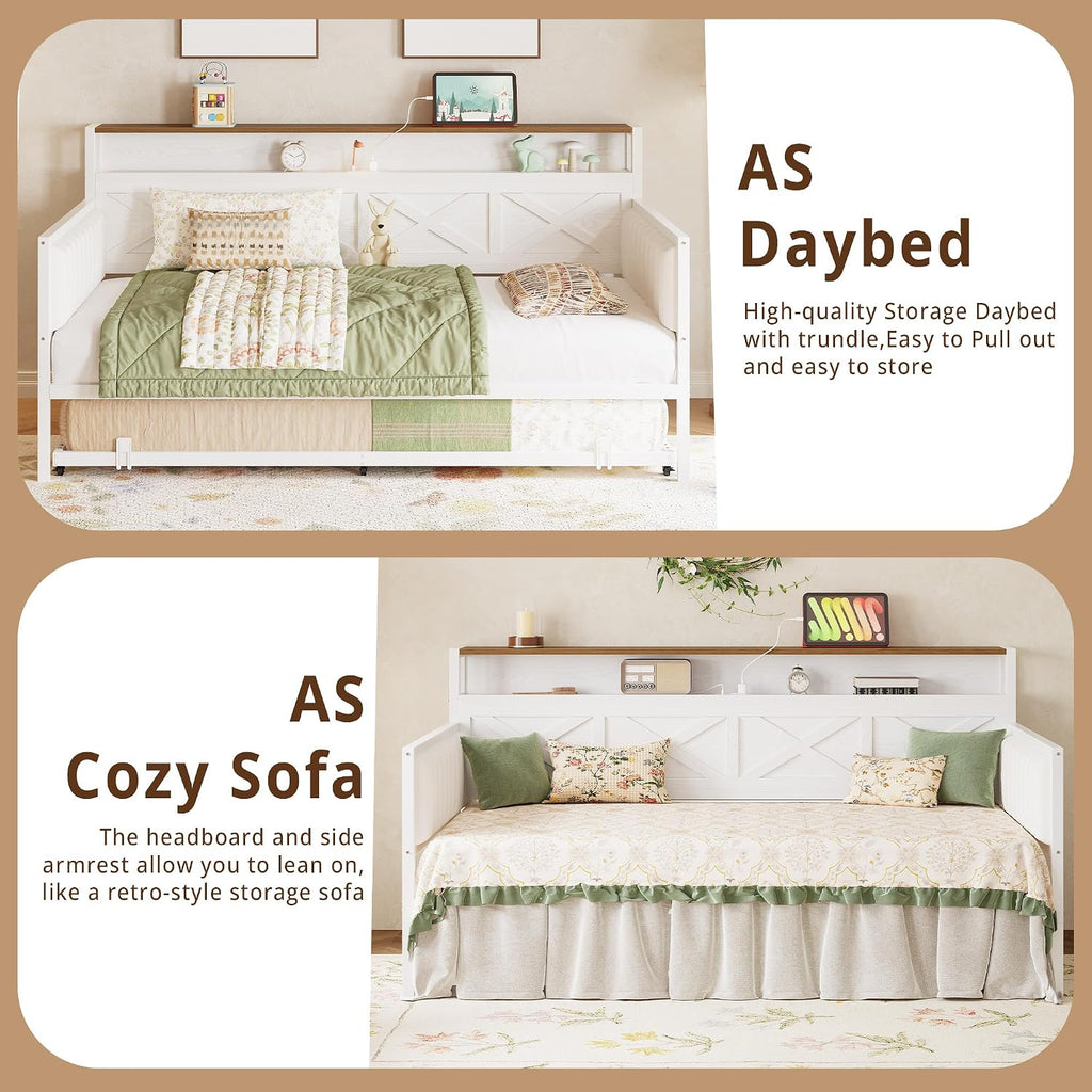 Daybed with Trundle, Sturdy Metal Twin Bed Frame with X-Shaped Frame, Upholstered Farmhouse Daybed with Charging