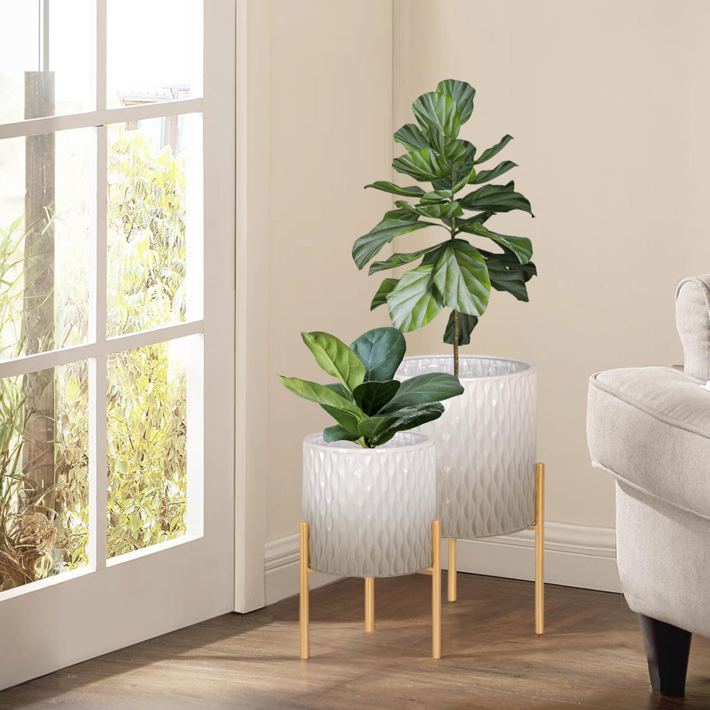 Plants Pots with Stand, Set of 2 Indoor Planter Pots, Unique Mid Century Decorative Metal Flower Pots with